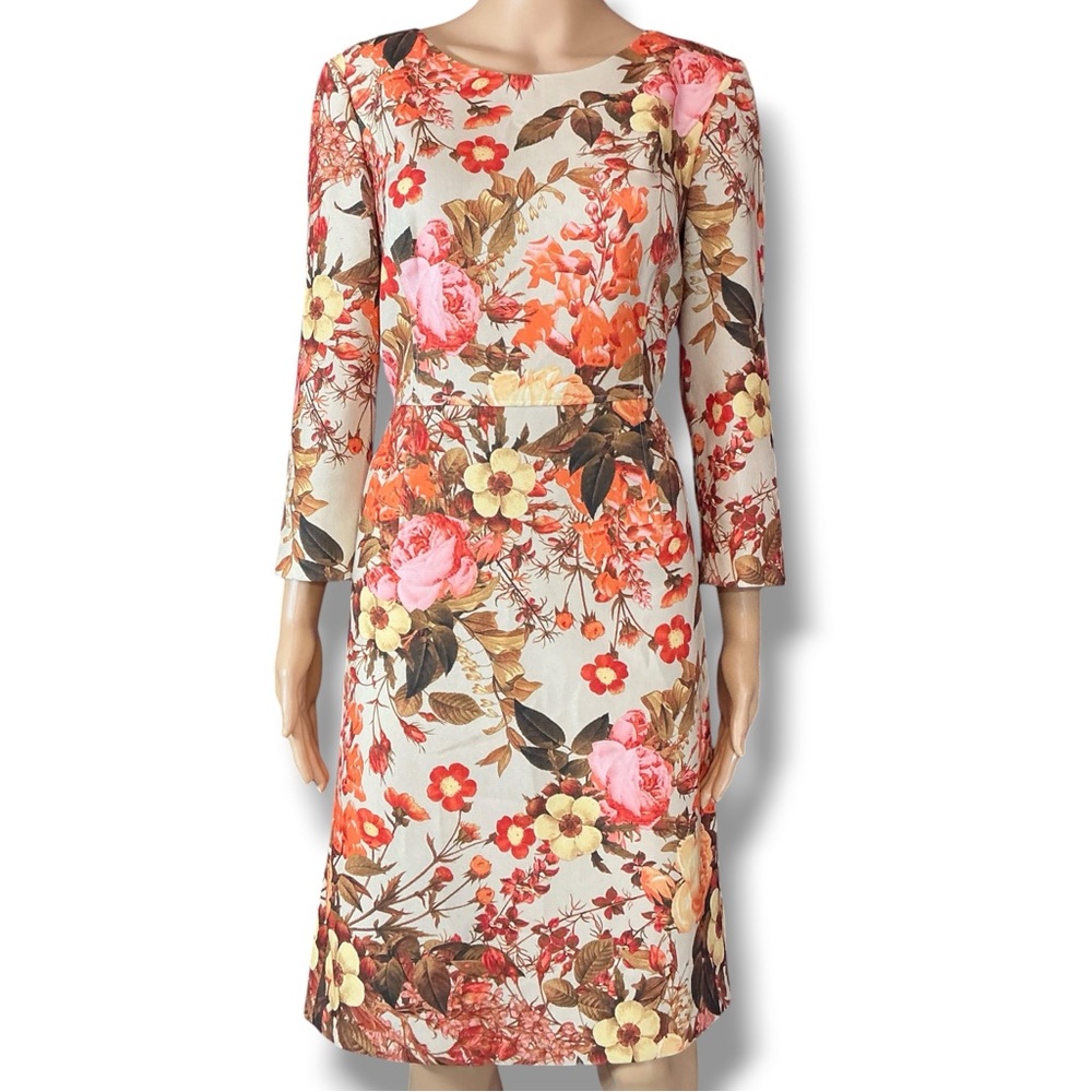 Talbots Cream Floral Long-Sleeve Sheath Dress with Orange and Pink Blooms